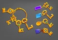 Golden cartoon keys with trinkets.