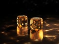 Golden Casino sicbo dice made of glass on dark background. AI Generated Image