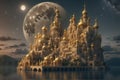 A golden fairy tale castle in the middle of the ocean. Full moon night