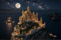 A golden castle on a rock in the middle of the ocean on a full moon night