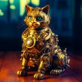 Golden cat figurine sitting on wooden table with blurry background. Generative AI Royalty Free Stock Photo