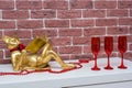 Golden cat reading a book lies on a white surface with red beads and red glasses for wine, living room interior Royalty Free Stock Photo