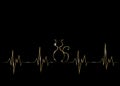 Golden cat silhouette in audio wave or sound wave design. Vector linear representation of gold cat in black background