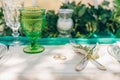 Golden celtic wedding rings on white wooden table