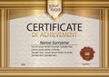 Golden certificate or diploma template with wax seal. Gold frame