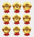 Golden certified rosettes, gold verify tokens and guarantee seals vector set