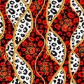 Golden chain glamour leopard cheetah black white red seamless pattern illustration. Watercolor texture with golden chains Royalty Free Stock Photo