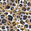 Golden chain glamour leopard fur seamless pattern illustration. Watercolor texture with golden chains Royalty Free Stock Photo