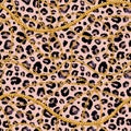 Golden chain glamour leopard fur seamless pattern illustration. Watercolor texture with golden chains Royalty Free Stock Photo