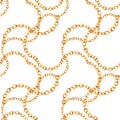 Golden chain glamour seamless pattern illustration. Watercolor hand drawn fashion texture with different golden chains