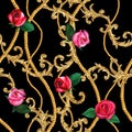 Golden chain glamour seamless pattern illustration. Watercolor texture with golden chains ropes roses Royalty Free Stock Photo