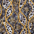 Golden chain glamour snakeskin and leopard fur seamless pattern illustration. Watercolor texture with golden chains Royalty Free Stock Photo