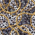 Golden chain glamour snakeskin and leopard fur seamless pattern illustration. Watercolor texture with golden chains Royalty Free Stock Photo