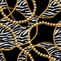 Golden chain glamour zebra seamless pattern illustration. Watercolor texture with golden chains Royalty Free Stock Photo