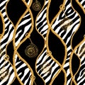 Golden chain glamour zebra seamless pattern illustration. Watercolor texture with golden chains Royalty Free Stock Photo