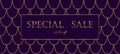 Golden chain luxury sale banner template. Dark deep purple gold fish scales. Promotional commercial offer invitation
