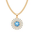 Golden chain necklace with blue gemstone pendant.