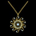 Golden chain necklace with round diamond pendant.