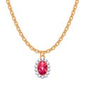 Golden chain necklace with ruby gemstone pendant.