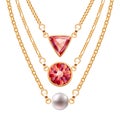 Golden chain necklaces set with round triangle ruby pendants and pearl