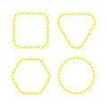 Golden chain round, square, hexagon and triangle border frame. Seamless wreath circle shape. Jewelry design, text frame