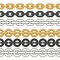 Golden chain set. Seamless realistic golden jewelry links. Luxury Thin metallic chains. Vector Royalty Free Stock Photo