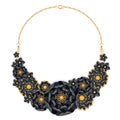 Golden chain statement necklace with black and golden flowers pendants. Royalty Free Stock Photo