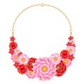 Golden chain statement necklace with red and pink flowers pendants. Royalty Free Stock Photo