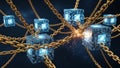 Golden chains connect digital blocks representing blockchain technology and data security Royalty Free Stock Photo