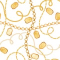 Golden Chains and Jewelry Elements Seamless Pattern. Luxury Fashion Fabric Design Print with Gold Chain and Gemstones