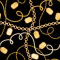 Golden Chains and Jewelry Elements Seamless Pattern. Luxury Fashion Fabric Design Print with Gold Chain and Gemstones