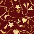 Golden Chains, Straps and Charms with Diamonds Seamless Pattern. Fashion Fabric Background with Gold, Gemstones