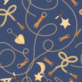 Golden Chains, Straps and Charms with Diamonds Seamless Pattern. Fashion Fabric Background with Gold, Gemstones