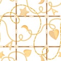 Golden Chains, Straps and Charms Seamless Pattern. Fashion Fabric Background with Gold, Gemstones and Jewelry Elements