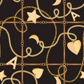 Golden Chains, Straps and Charms Seamless Pattern. Fashion Fabric Background with Gold, Gemstones and Jewelry Elements