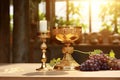 Golden chalice on the altar during the mass in church