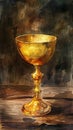 Golden chalice on a dark wood table, warm browns, Watercolor, hand drawing