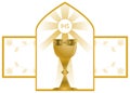 Golden chalice on decoration, Christian religion, artistic, isolated.