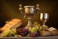 Golden chalice, grapes, bread and Holy bible. Royalty Free Stock Photo