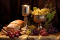 Golden chalice, grapes, bread and Holy bible. Religion communion symbols. Royalty Free Stock Photo