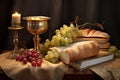 Golden chalice, grapes, bread and Holy bible. Religion communion symbols. Royalty Free Stock Photo