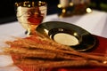 Golden chalice, paten and Roman misal. Royalty Free Stock Photo