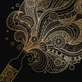 Golden champagne bottle celebration with zentangle art for design element. Vector illustration Royalty Free Stock Photo