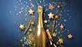Golden champagne bottle with confetti stars and party decorations on blue background. Christmas, birthday or New Year card Royalty Free Stock Photo