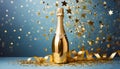 Golden champagne bottle with confetti stars and party decorations on blue background. Christmas, birthday or New Year card Royalty Free Stock Photo