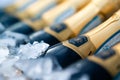 Champagne Bottles Chilling in Ice Tray with Blurry Background Pattern Royalty Free Stock Photo