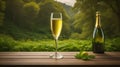 champagne glass on table view of green nature background. Ai generated