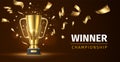 Golden champion cup banner. Award ceremony. Shining goblet with sparkling confetti. Realistic winner prize. Championship