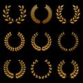 Golden Chaplet Nominate Winner Silhouette Icon Set. Circle Gold Laurel Wreath Success Pictogram. Twig Achievement Tree