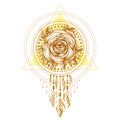 Golden chaplet, Rose flower With the eye, pattern of geometric shapes on white background. Tattoo design, mystic symbol